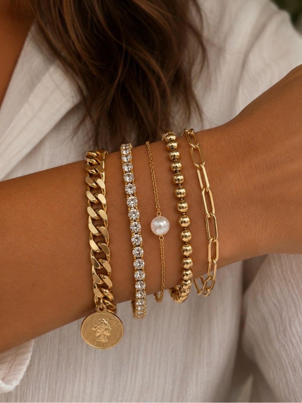 Five 18k Gold Plated Bracelets with Pearl Accent. Water Resistant Tarnish Proof!